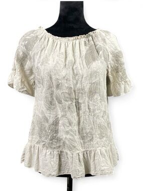 Terzo Millennio L Ivory Floral Peasant Blouse Ruffle Boho Lightweight Linen